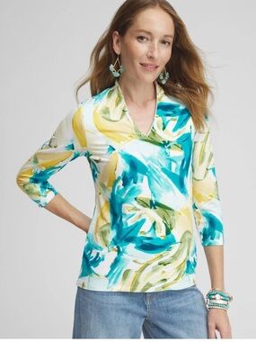 Chico's V-Neck 3/4 Sleeve Top in Teal, Yellow & White Abstract Print Size Large